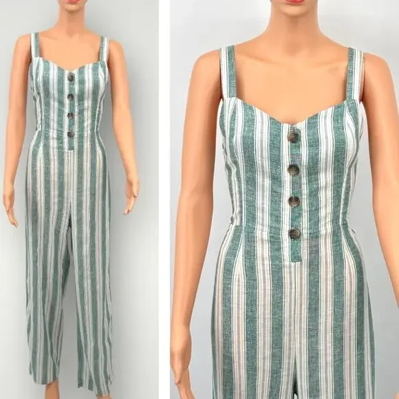 Womens Linen Blend Jumpsuit M Kelly Green Striped Wide Leg Sleeveless Tie Back - Picture 4 of 11